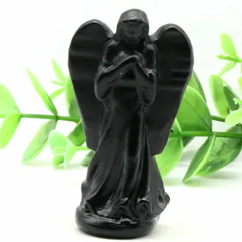 2.6 инча Natrual ObsidianHot Молящийся Sentinel Стои Ангел Кристални Фигурки Статуя За Кръщение и Кръщението Вечерни Сувенири