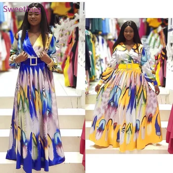 2021 Плюс Размера на Африканска Дамско Облекло Лятно Макси Рокля С V образно Деколте Ретро Зона Разпечатки С Дълъг Ръкав Boubou Africain Femme Vestidos