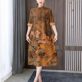 2022 китайското традиционно винтажное рокля ципао, рокля с флорални принтом, източен чонсам, женски етнически ретро костюм тан, елегантна рокля