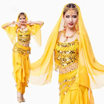 2022 Сари Танцови Облекла За Жени/Lady денс Костюм Комплект Индийски Танцови Костюми Боливуд Рокли 4 бр. (Топ, Колан, Поли, Було) Комплект