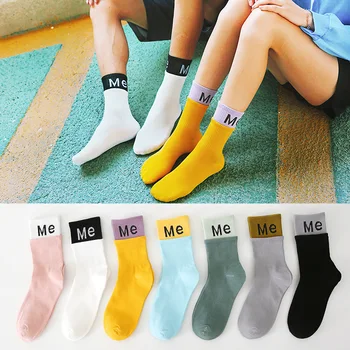 3 Двойки Корейски Женски Чорапи, Пъстри дамски Чорапи в стил Смесица от букви, ярки Забавни Памучни Чорапи За Двойки, Студентски Чорапи със Средна Дължина