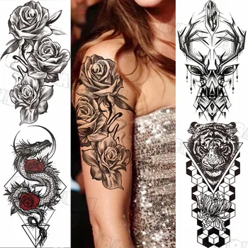 3D Черно Реалистичен Рози Цвете Временни Татуировки За Жени Възрастен Тигър и Дракон Елен Фалшива Татуировка Стикер Секси Половината Ръкав Татуировки