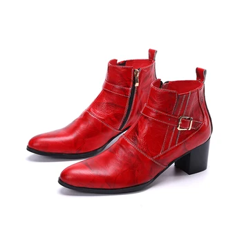 Batzuzhi/модни обувки в британския стил, мъжки Ботильоны от естествена кожа с остри пръсти на висок ток 7,5 см, червени на вечерни и сватбени Botas Hombre, 38-46