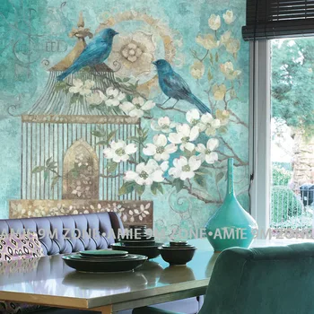 Cutom реколта 3D синьозелен цвят на цветя и птици стенопис на стената на едро за декорация на дома стените безплатна доставка