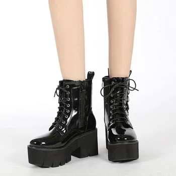 Demonia/Модни дамски обувки на платформа с метална верига, готически обувки, 2022, Ботильоны от лачена кожа с Нитове в стил пънк, дамски Черни обувки на токчета