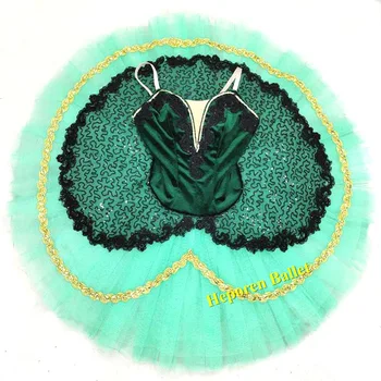 Emerald балет зелена опаковка на костюми за танцови пакетче космати газова пола, колан балетное рокля за момичета