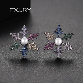 FXLRY Нови творчески Многоцветни Микро-Паве Кубичен Циркон снежинка перлени обеци-розово За момиче в подарък