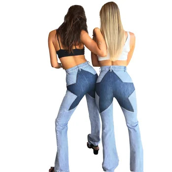 HSF2106 дамски дънки разкроена панталони модни диви широки панталони със звездна шевове участък разкроена панталони панталони