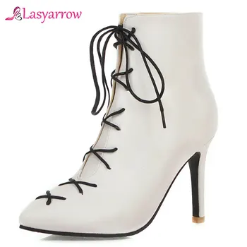 Lasyarrow/големи размери 31-48, черни обувки с остър пръсти, дамски Обувки, дамски официални Обувки на Тънък Висок ток с шнурками, дамски обувки J1098