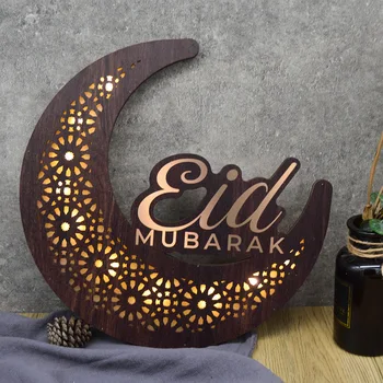 Led Светлини EID Mubarak Дървена Окачване Рамадан Украса Луната Звезда Окачен Украшение за Стена Ислямски Мюсюлмански Фестивал Вечерни Декор