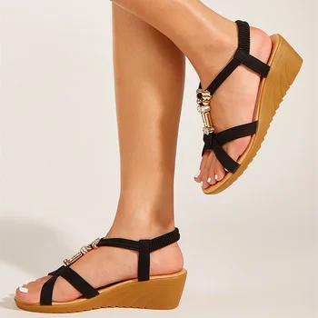 Pmwrun летни дамски сандали меки удобни обувки на танкетке женски роман обувки на плоска перлени сандали удобна низ от мъниста чехли