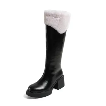 QZYERAI/зимни дамски зимни обувки на платформа от 100% вълна, Топло обувки от естествена кожа, дамски Модни Ботуши до Коляното на меху на висок ток