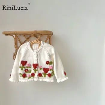 RiniLucia/Есен 2022, Нова Детски дрехи, Пуловер с цветен модел за момичета, Детски Жилетка в ретро стил, Яке, Жилетка за момичета, Пуловер с отворени шевове