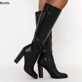 Rontic/Нови Модни дамски зимни ботуши До коляното от изкуствена кожа На дебелите обувки с Кръгло бомбе, Елегантни черни обувки Унисекс, дамски размери САЩ 5-20