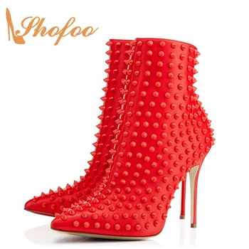 Shofoo/ дамски Модни Червени Ботильоны на Висок Тънък ток, Ръчна изработка На Сватбени партита; Модела обувки; дамски обувки с нитове; луксозни Размери 12 13
