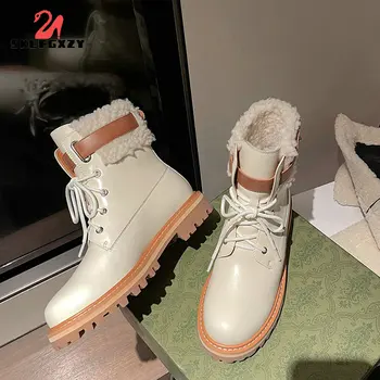 SKLFGXZY Зимни Обувки от Телешка кожа, Удобни Дамски Вълнени ботуши от естествена кожа, Новост 2022 г., Зимни Изолирана Обувки на Платформа
