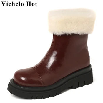 Vichelo/ зимни зимни зимни обувки от естествена кожа, запазва топлината, с кръгло бомбе, на овечьем меху, на дебела подметка, на висок ток, чисто ботильоны l21