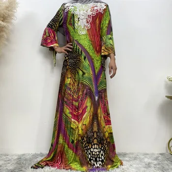 Африкански Рокля За Жените Boubou Africain Femme Цветен Принт Дашики Дрехи С Дълъг Ръкав Анкара Вечерна Рокля Мюсюлманска Мода Абая
