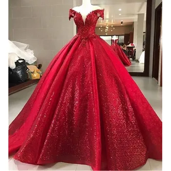 Блестящи Червени рокли за бала бална рокля с v образно деколте и елегантно блестяща луксозна рокля за бала vestidos de Вечерна Рокля