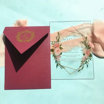 Бургенди Палта Сватбени Покани, Картички За Сватба На Поръчка Необичайно Флорална Покана Елегантен Модел