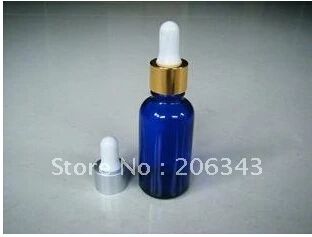 бутилка етерично масло синьо обем 30 мл с електрическа алуминиева + пластмасов капкомер за козметични опаковки, стъклени бутилки