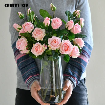 Висока имитация на реално докосване на 5 глави изкуствени латекс розови цветя на едро сватбени декоративни Усещания хидратиращ роза 6 бр./лот