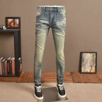 Висококачествени мъжки дънки в стил ретро, Ежедневни Тънки Мъжки Панталони, Модни Маркови дънки с Висока улична мода