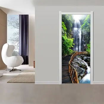 Водоустойчив 3D творчески врата стикер самозалепваща хартия за декорация спалня хол стикер на стената врата стикер водопад дърво