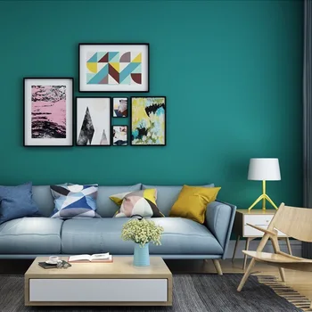 [Водоустойчива устойчива на петна] Паун Синьо и зелено Обикновен обикновен тапет Модерен просто фон за спални хол