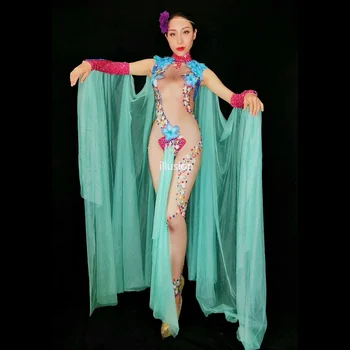Големи Цветя И Кристали Участък Телесен Цвят Гащеризон Женски Секси Китайски Костюм На Певицата Dance Облекло За Сцена, Мрежести Съоръжения