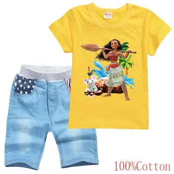 Детски Дрехи Moana, Детски Памучен Тениска с Къс ръкав за малки момчета, Лятна тениска + Дънкови къси Панталони, Комплект от 2 теми, Тийнейджърката дрехи за момичета Vaiana