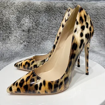 Ежедневни Дизайнерски Пикантен Дамски Модни Дамски Обувки От Леопардовой Лачена Кожа С остри пръсти обувки На Висок Ток-Обувки на висок ток-лодка За Стриптийз Zapatos Muje