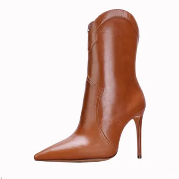 Зимните Модни Дамски Обувки; кафяви Ботильоны с остри пръсти; дамски Обувки на висок Ток 10 cm; есенни женски Класически Обувки; Големи Размери