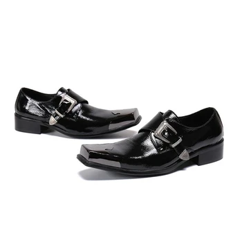 Италиански Луксозни Кожени Обувки За Мъже С Квадратни Пръсти, Черни Обувки На Висок Ток С Катарама Замятане Работни Официални Обувки