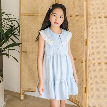 Лятото Джинсовое рокля с яка кукла в корейски стил за момичета 2021 г., Сладка Рокля на Принцеса, Памучно рокля за малки момичета, Детски дрехи от 6 до 16 години