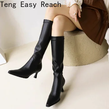 Модни ботуши до коляното, дамски обувки, колекция от 2021 г., есенно-зимни Дамски Високи ботуши, черни Дълги вечерни обувки, дамски Големи размери 40 41 42 43