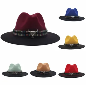 Мъжете мозайка ретро филц Панама шапка с главата на бик катарами на колан за жени широка периферия вълна фетровая шапка Джаз мека мъжка шапка шапка шапка на едро