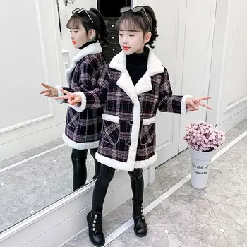 Нова разпродажба, есенно-зимния вълнени палта за момичета 2021 година, плюс руното на горно облекло с отложным яка за момичета, якета за момичета от 3 до 12 години