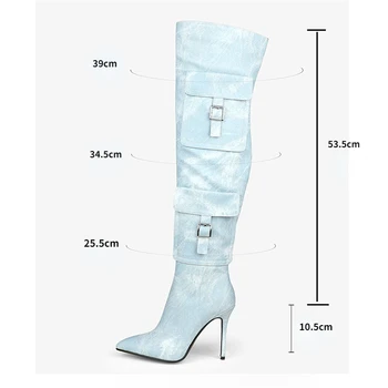 Новост 2023 г.; зимни дамски ботуши над коляното от деним/изкуствена кожа; топли къси плюшени дълги ботуши с остри пръсти на висок ток 10,5 см; дамски обувки размер 35-45