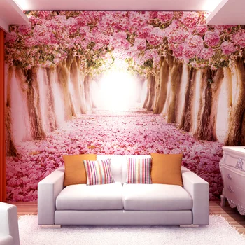 Обичай размер 3d идиличен всекидневна с трапезария и спалня, нощно шкафче розово романтична листенце на цвете голяма фреска тапети черешов цвят
