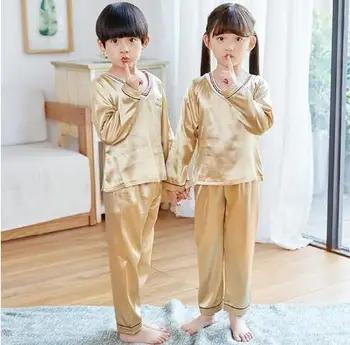 Пижамный комплект за момичета, монофонични коприна пижамный комплект с дълги ръкави и V-образно деколте, модерно домашно облекло