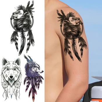 Племе Лъв Временни Татуировки За Мъже Жени Големи Вълкът Е Ловец На Сънища Татуировки Етикети Реалистични Перо Тялото Ръка Водоустойчив Татуировки