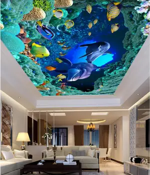 Потребителски снимки на 3d таван стенописи тапети Морски свят пещери, делфини, за декорация на дома, боядисване на 3d стенописи тапети за стени d 3