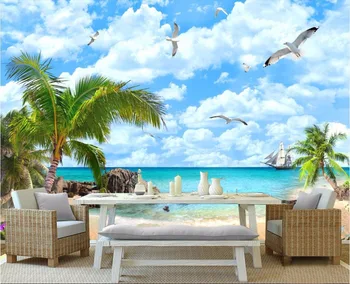 Потребителски стенописи, 3d тапети Кокосова палма на плажа морски пейзаж фото тапет декор живопис 3d стенописи тапети за стени d 3