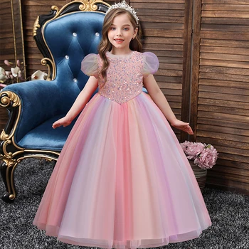 Принцеса рокля за момичета с пищни ръкави, рокля за рождения Ден и Абитуриентски, Детски Дрехи, Детско Сватбена рокля за Шаферка 8 години