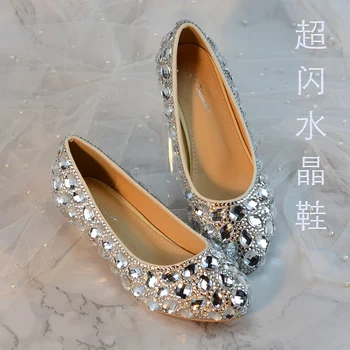 Пролетни нови сватбени обувки на нисък ток с кристали, бели сватбени обувки на плоска подметка с кристали, големи размери, банкет рокля с отворени пръсти, тънки дамски обувки