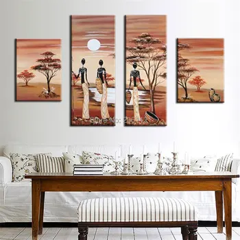 ръчно рисувани кафяви картини с маслени бои върху платно африканска жена група живопис пейзаж модулни картини за декора на стените на хола