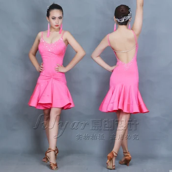Секси дълга розова рокля костюм за латино танци рокля за танци пола за танци