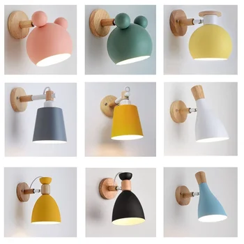 Скандинавски Тестени Изделия Cartoony Монтиран На Стената Лампа Цветна Детска Стая Нощни Стенни Лампи Модерна Дневна Спалня Дървени Стенни Лампа Led, С Монтиран На Стената Лампа