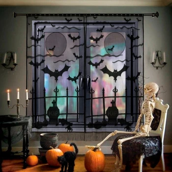 Хелоуин Къщата На Ужасите Черен Дантелен Подпори Тиква Прилеп Призрак Стенни Врати Завеси Хелоуин Прозорец Завеса Вечерни Украса